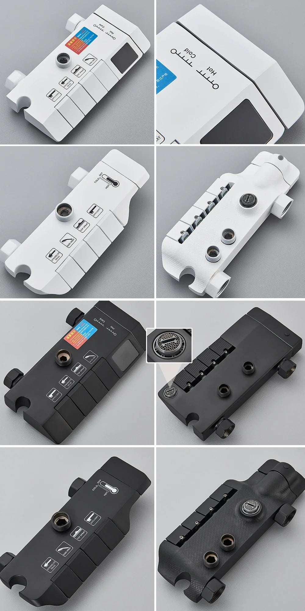 White and black tactical flashlight with textured grip and multiple control buttons in rozin smart digital shower set