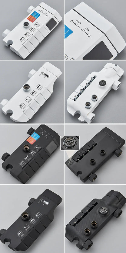 White and black tactical flashlight with textured grip and multiple control buttons in rozin smart digital shower set