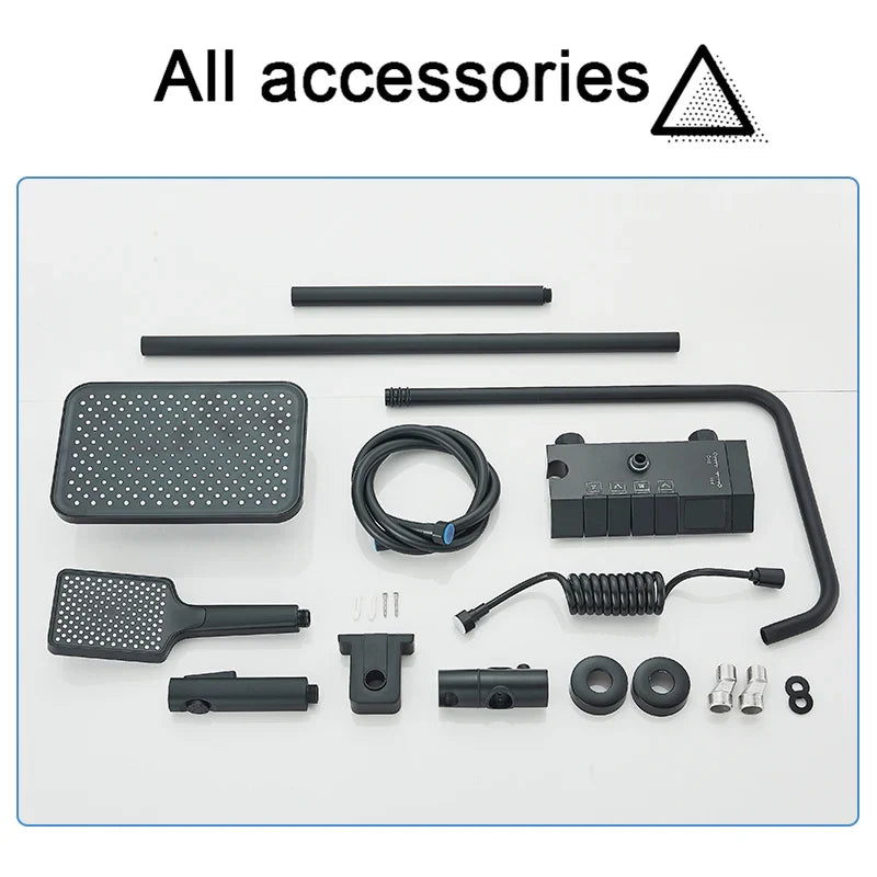 Rozin black matte finish shower faucet set with rectangular rain shower handheld spray and grey digital mixer tap