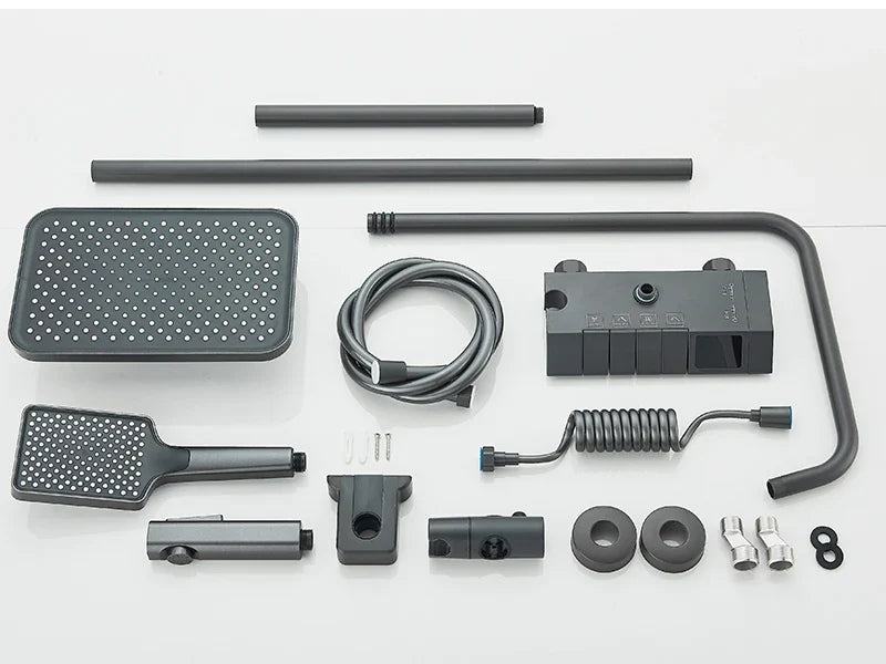 Rozin black smart digital display shower faucet set with matte finish rectangular rainhead and handheld spray head