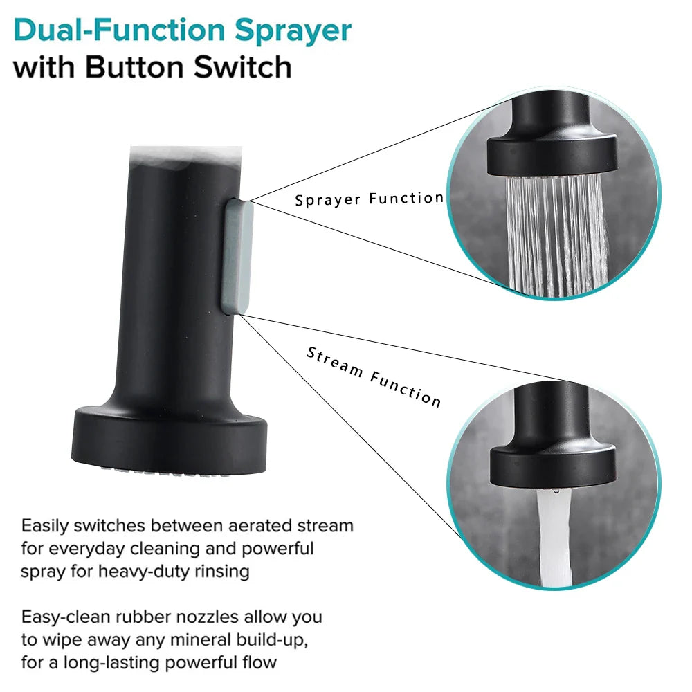 Black dual-function spray nozzle with button switch and matte finish for deck mounted single hole rozin kitchen faucet