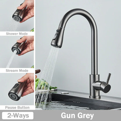 Rozin chrome deck mounted gun grey stainless steel kitchen faucet with single hole pull out mixer tap and spray modes