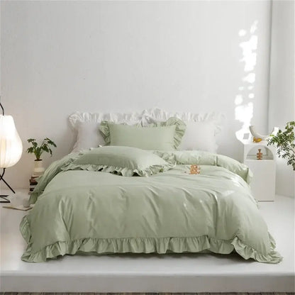 Mint green ruffled bedding set with soft layered pillowcases made of egyptian cotton by decorbites light green collection