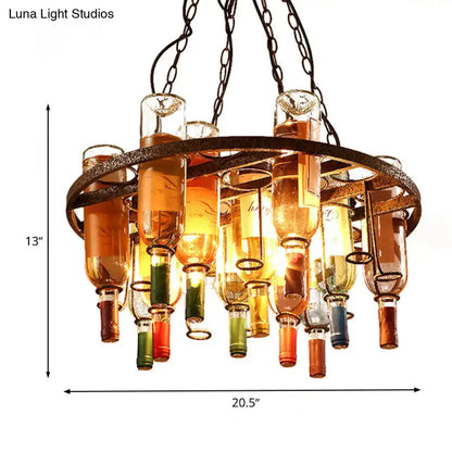 Rustic amber wine bottle chandelier kitchen led pendant light with multicolor glass and dark metal chains for 220v-240v use