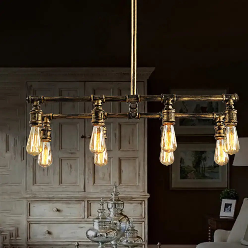 DecorBites™ rustic kitchen island pendant light with antique brass finish and five glowing filament bulbs in brass finish
