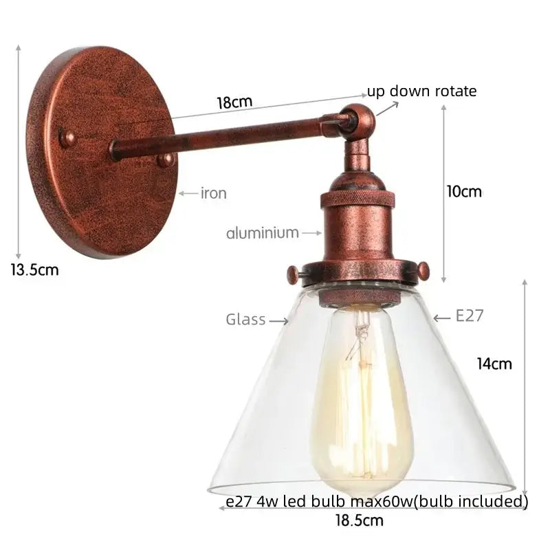 Rustic antique copper wall sconce with clear glass conical shade and exposed edison bulb for bedroom decorbites clear glass