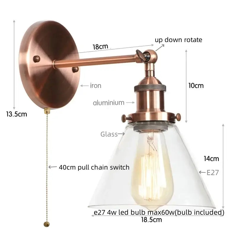 Rustic antique copper wall sconce with clear glass shade and exposed edison bulb by decorbites clear glass decor