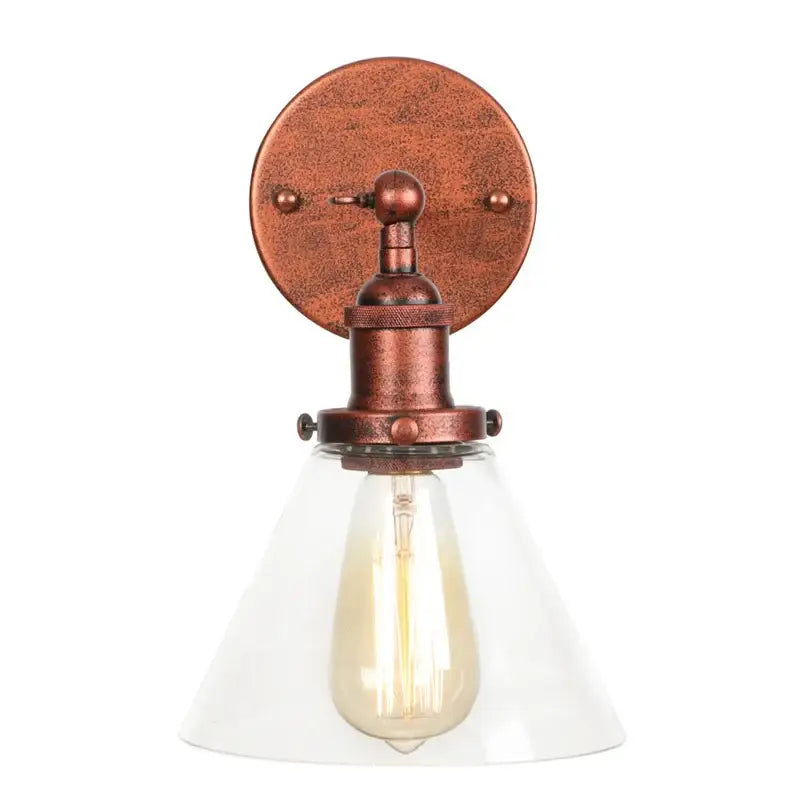 Rustic antique copper wall sconce with clear glass conical shade and exposed Edison bulb decorbites clear glass design
