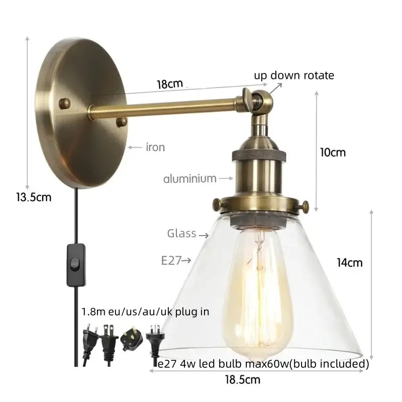 Rustic antique copper wall sconce with clear glass shade and e27 led bulb for bedroom decorbites clear glass lighting