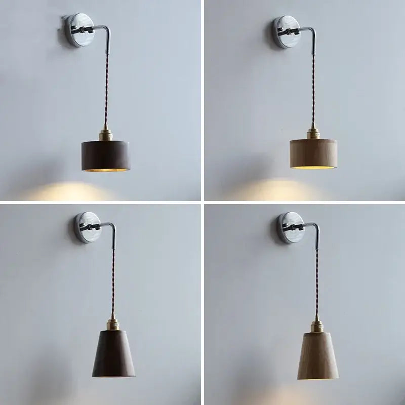 Dark wood finished rustic ash wood led wall light with brass accent and braided cord for bedroom use