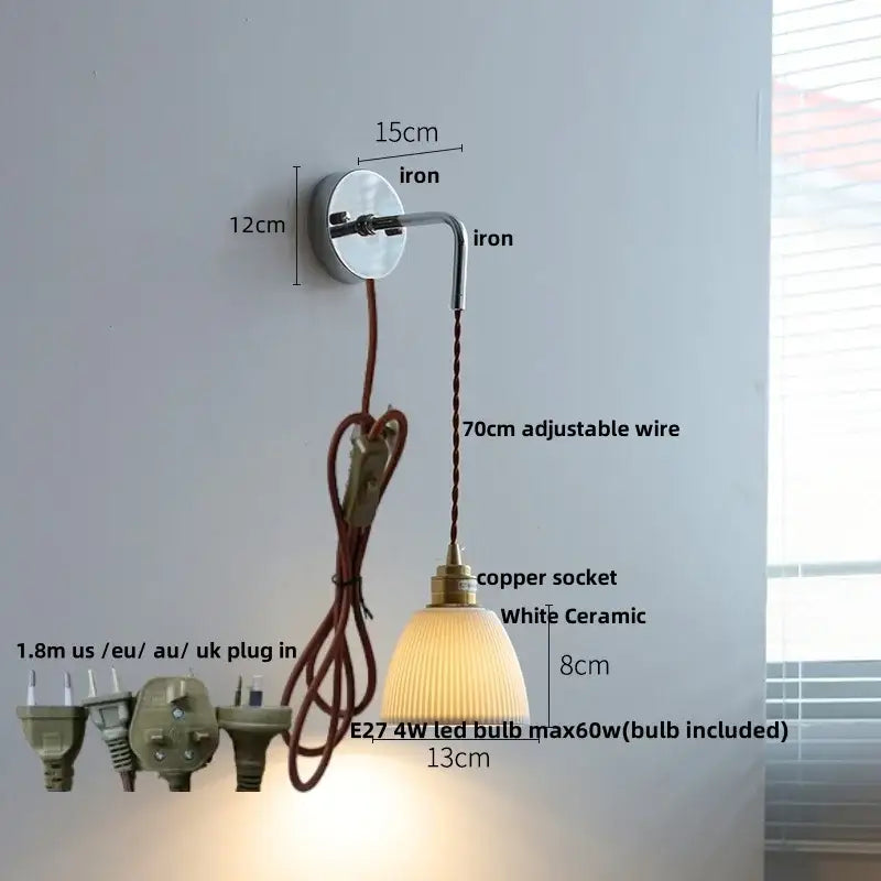 Rustic ash wood led wall light with polished iron bracket, adjustable copper wire, white ceramic shade, and pull chain for bedroom use