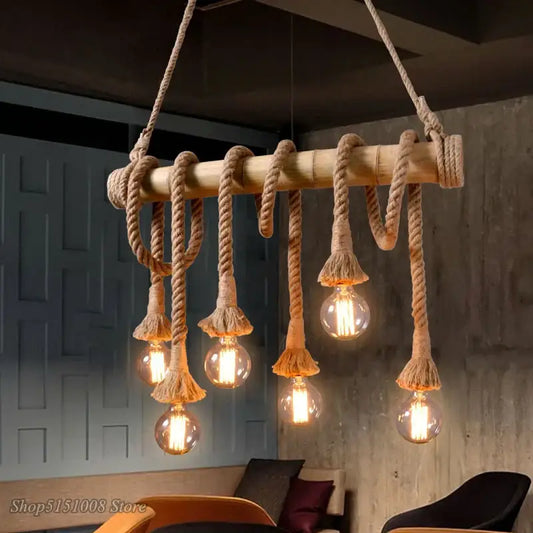 Rustic bamboo hemp rope pendant lights with five glowing bulbs for kitchen chandelier decorbites hemp rope style