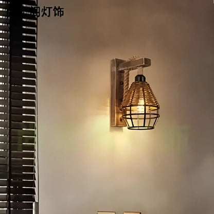 Rustic bamboo wicker wall lamp with woven wicker shade and metal cage frame for bedroom rattan sconce lighting