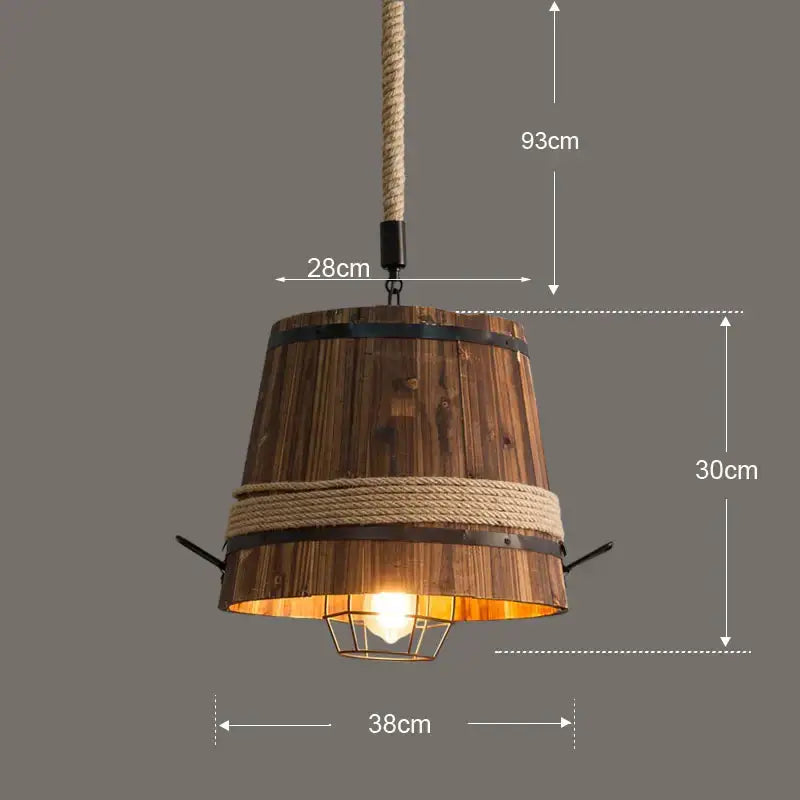 Rustic wood barrel pendant light with rope accents and metal bands in decorbites barrel industrial chandelier design