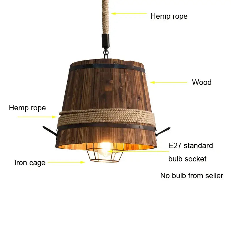 Rustic wooden bucket pendant light with iron cage and natural hemp rope accents for decorbites barrel industrial chandelier