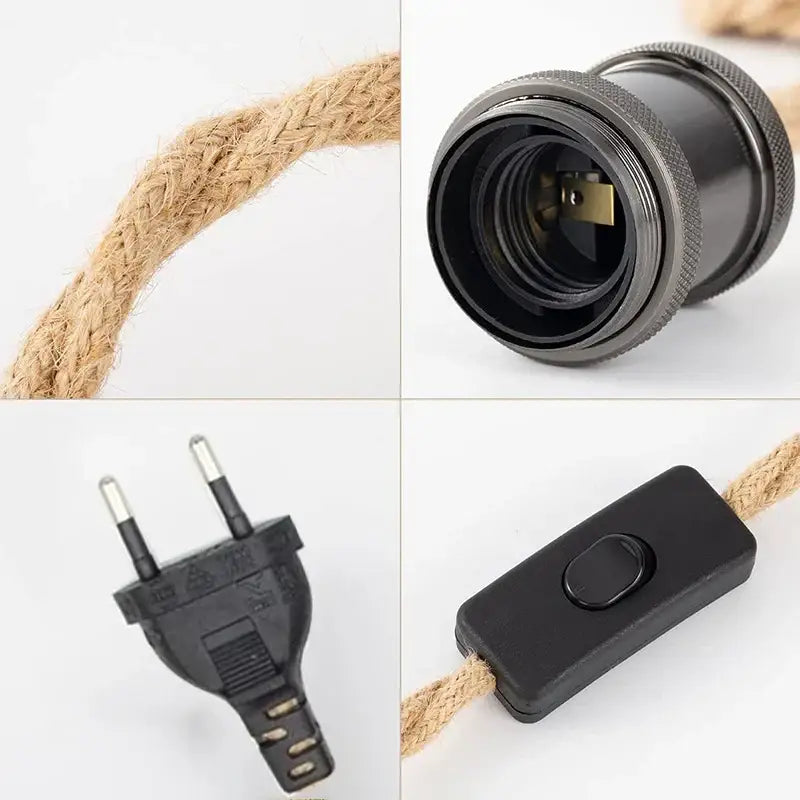 Black metal pendant light socket with textured grip paired with natural jute rope pendant light cord and black switch
