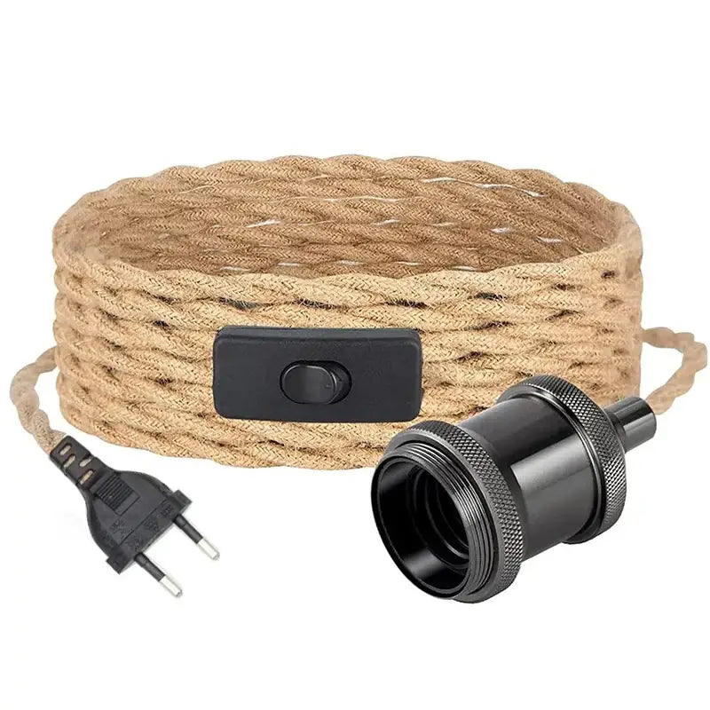 Rustic beige and black hemp rope pendant light cord with natural fiber rope, black switch, and matte black bulb socket