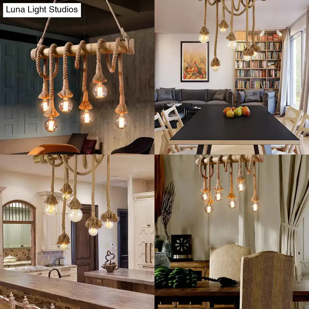 Beige rope-wrapped wooden chandelier with exposed bulbs in decorbites adjustable rope island light pendant design