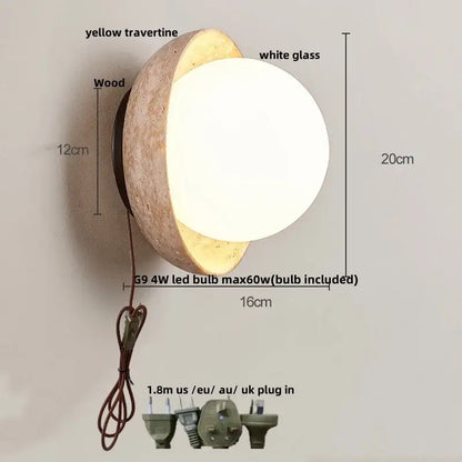 Rustic beige travertine base led wall light with rounded yellow travertine shell and white glass diffuser decorbites led wall