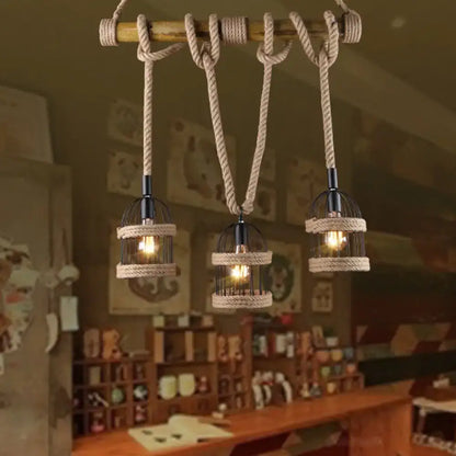 Decorbites farm birdcage island lamp is a 3-light ceiling light with black metal frames and beige jute rope cord suspension