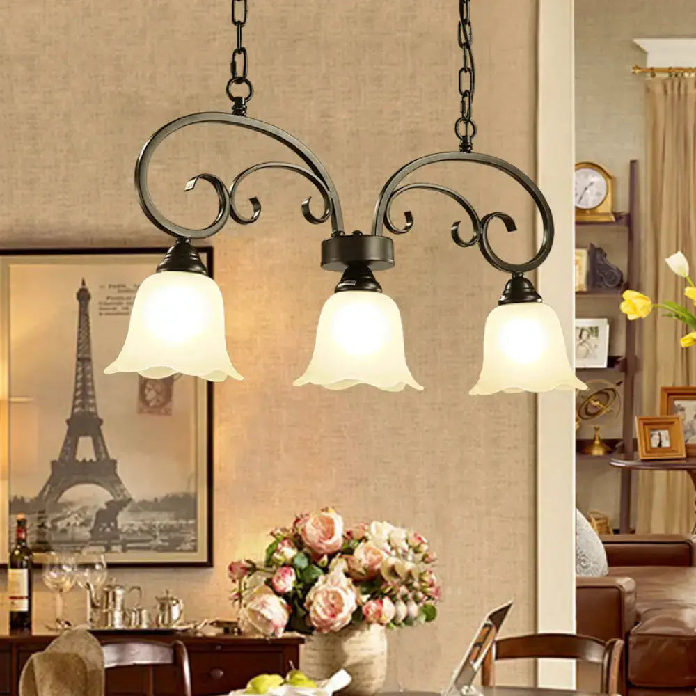 Decorbites rustic black floral swirls pendant island lamp with three frosted white glass bell shades for restaurants