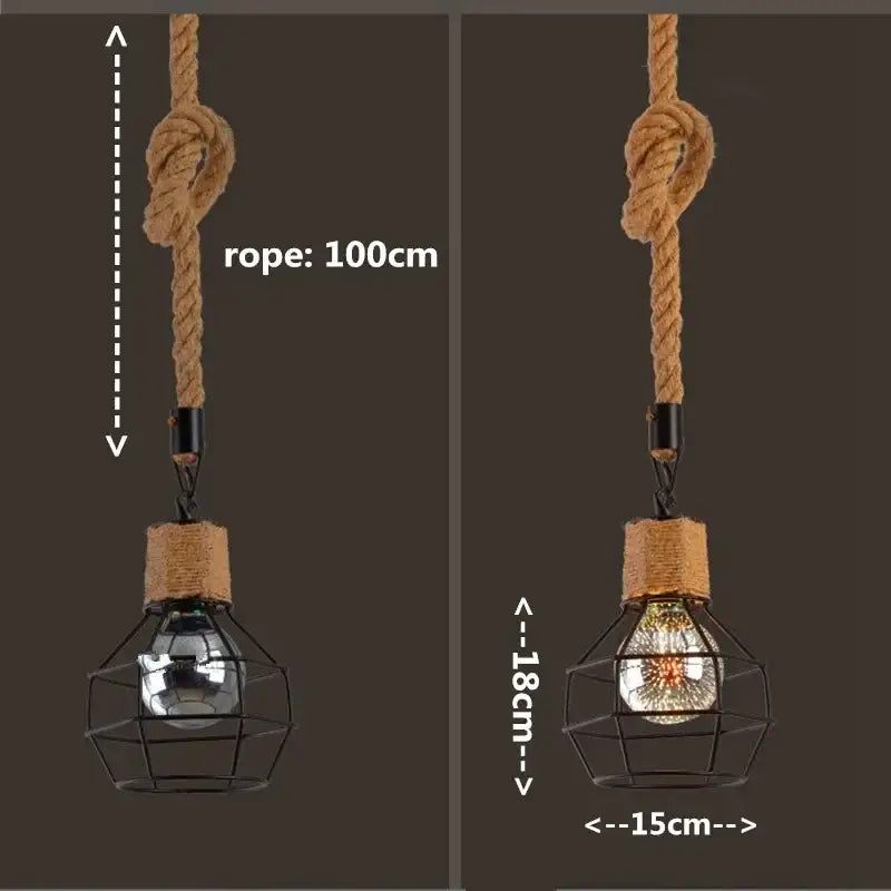Rustic black iron pendant light with hemp rope suspension and clear glass bulbs for dining room lighting