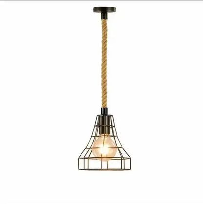 Rustic black iron pendant light with industrial black metal cage and hemp rope for dining room lighting fixture