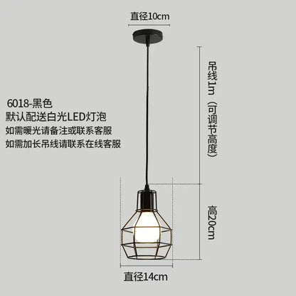Black metal pendant light with geometric cage design and integrated led bulb featuring rustic black iron and hemp rope