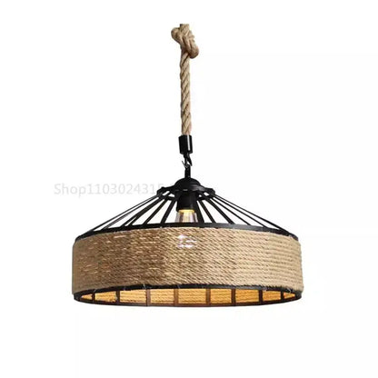 Rustic black iron pendant light with rope-inspired detailing and natural fiber cord pendant for kitchen use