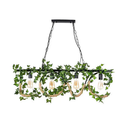 DecorBites black metal 4-light linear island lamp with artificial ivy and twine wrap featuring Edison bulbs