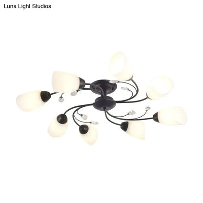 Decorbites™ rustic black opal semi flush ceiling light fixture with eight frosted glass shades and crystal accents