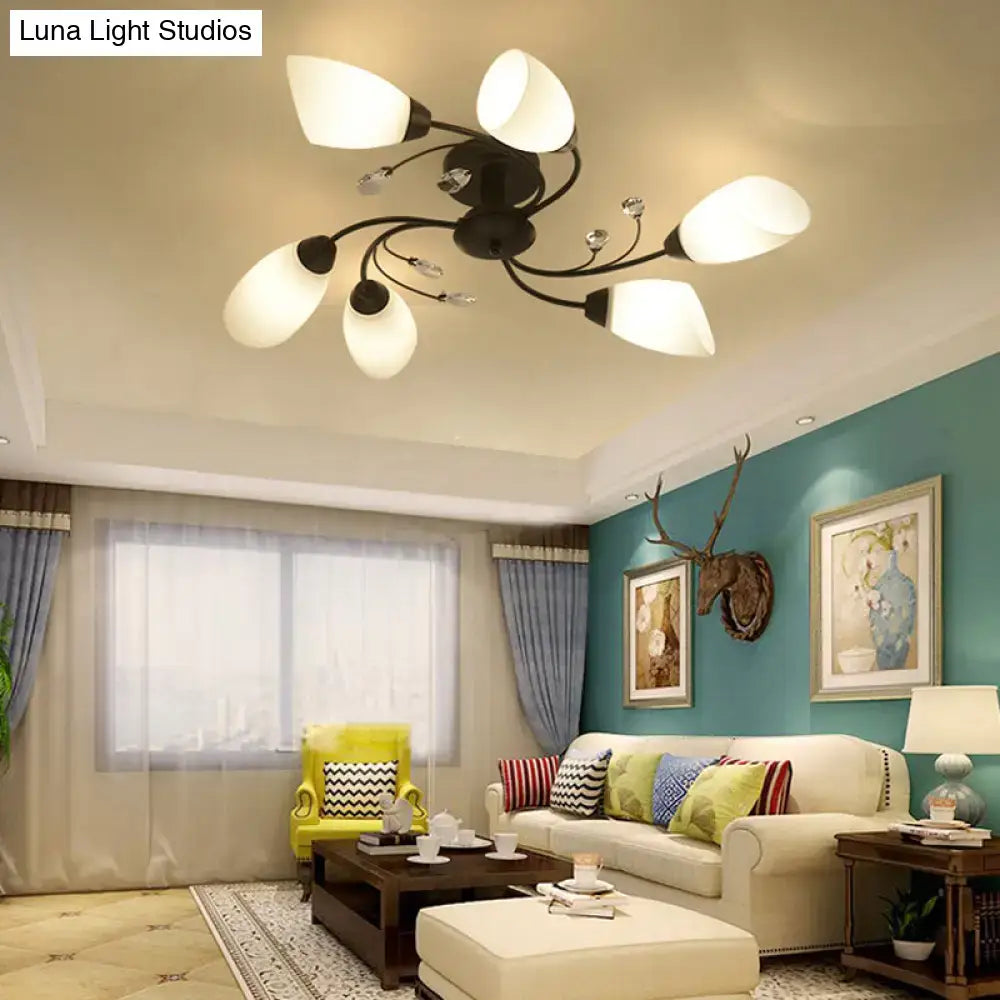 DecorBites™ rustic black opal semi flush ceiling light fixture with six frosted glass shades and crystal accents