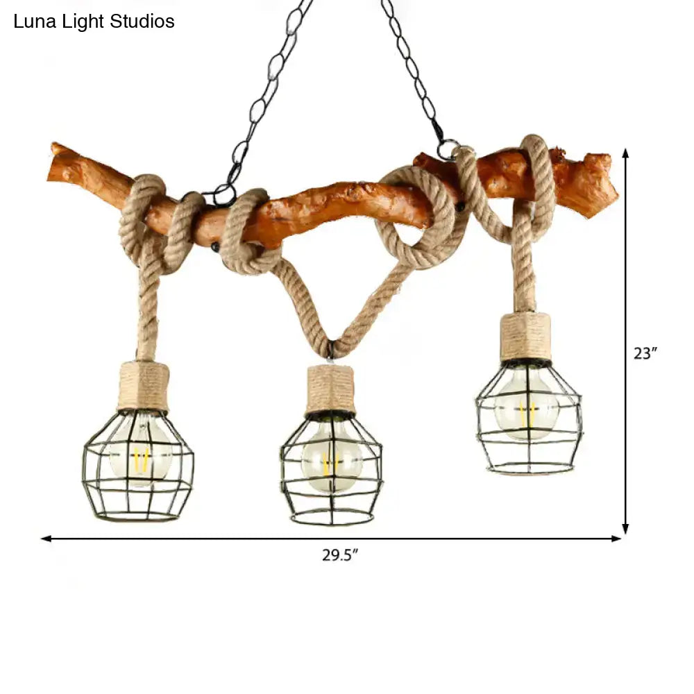 Decorbites industrial beige metal and rope pendant light fixture with three wire cage bulbs and adjustable chain cord length