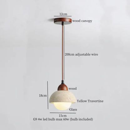 Rustic brass and ceramic glass ball led pendant light featuring a wooden stem and 18cm yellow travertine glass shade
