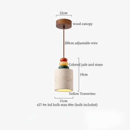 A modern pendant light with wooden canopy, adjustable wire, colorful jade and stone accents, and yellow travertine shade