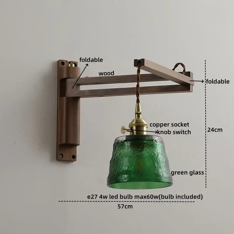 Rustic brass and clear glass wall sconce with dark wood arm and green textured glass shade by decorbites clear glass