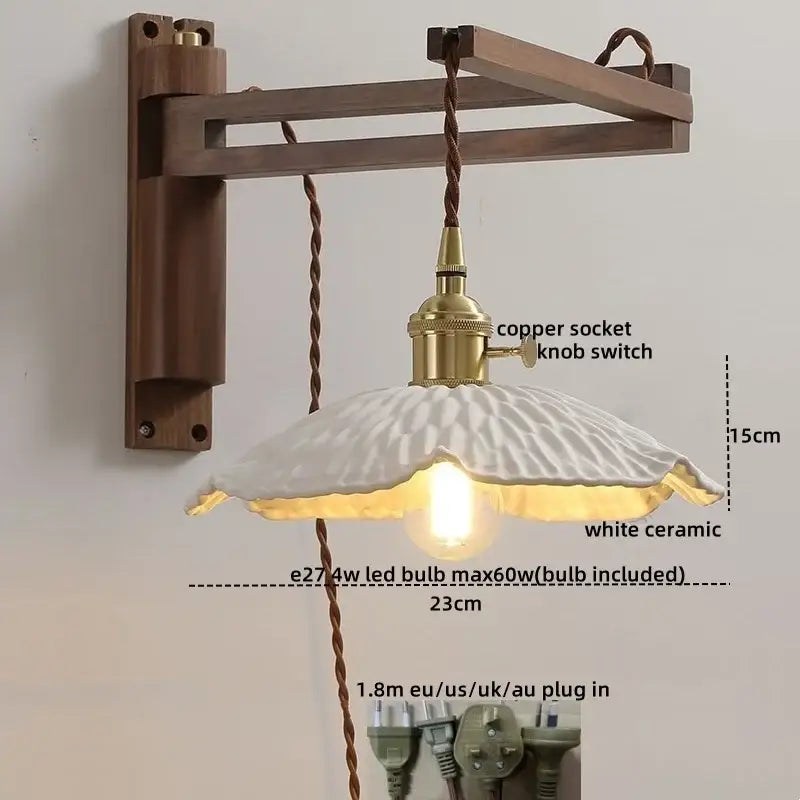 Rustic brass wall sconce with white ceramic fluted shade and clear glass featuring a copper socket switch decorbites clear glass
