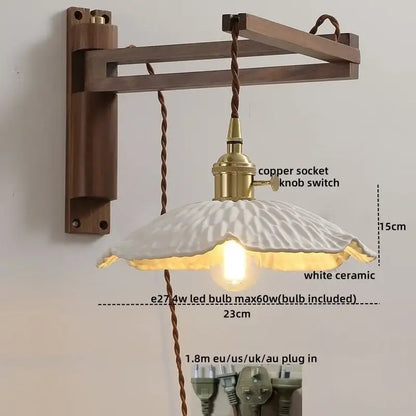 Rustic brass wall sconce with white ceramic fluted shade and clear glass featuring a copper socket switch decorbites clear glass