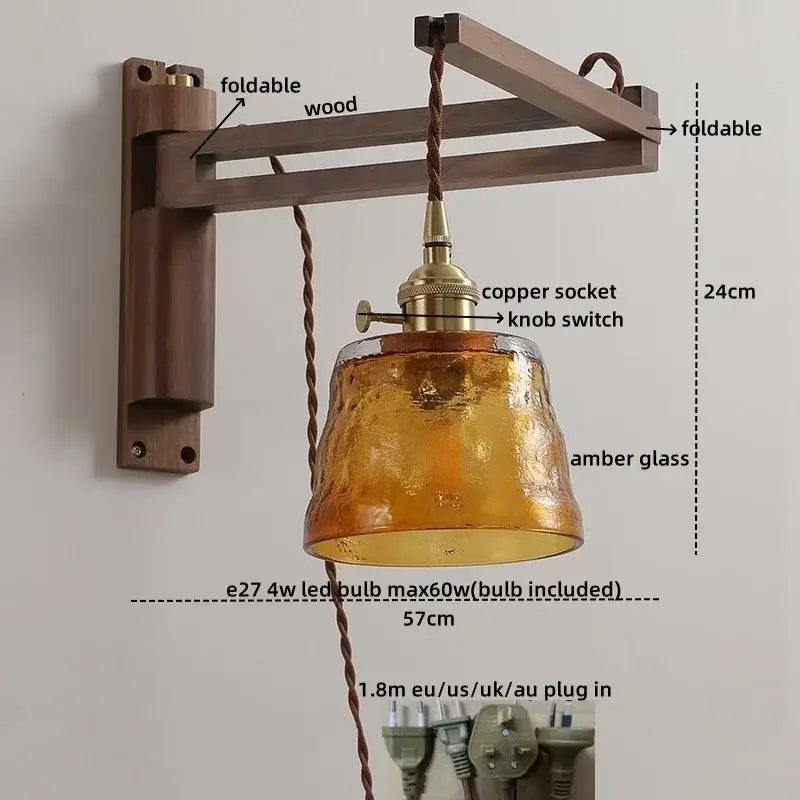 Rustic brass and clear glass wall sconce with warm amber glass pendant lamp and foldable wooden mount decorbites clear glass