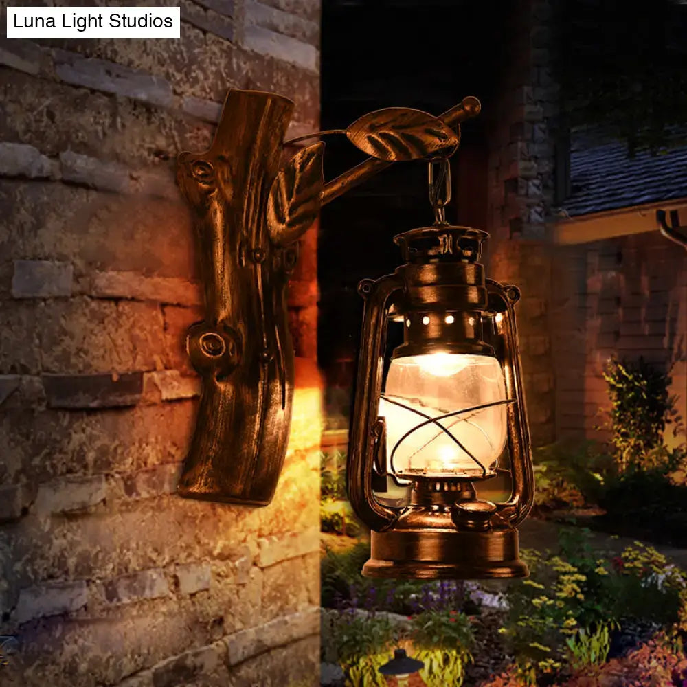 DecorBites™ rustic black oil lantern wall sconce with antique bronze finish and clear glass globe for corridor lighting