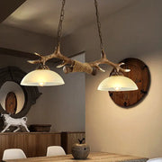 DecorBites™ traditional suspension light brown glass island lamp with bronze antler frame and two frosted shades suspended by chains