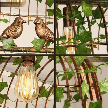 Rustic bronze bird cage chandelier with bronze bird figurines perched on green leaf cage adorned with simulated ivy