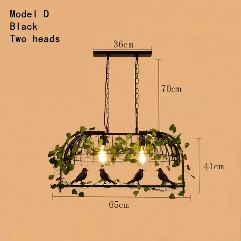 Rustic bronze green leaf bird cage chandelier with black metal two-headed pendant light and four sculpted birds with ivy vines