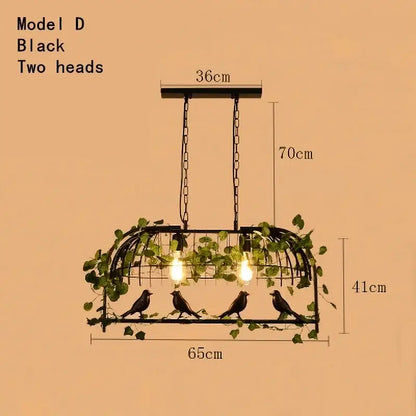 Rustic bronze green leaf bird cage chandelier with black metal two-headed pendant light and four sculpted birds with ivy vines
