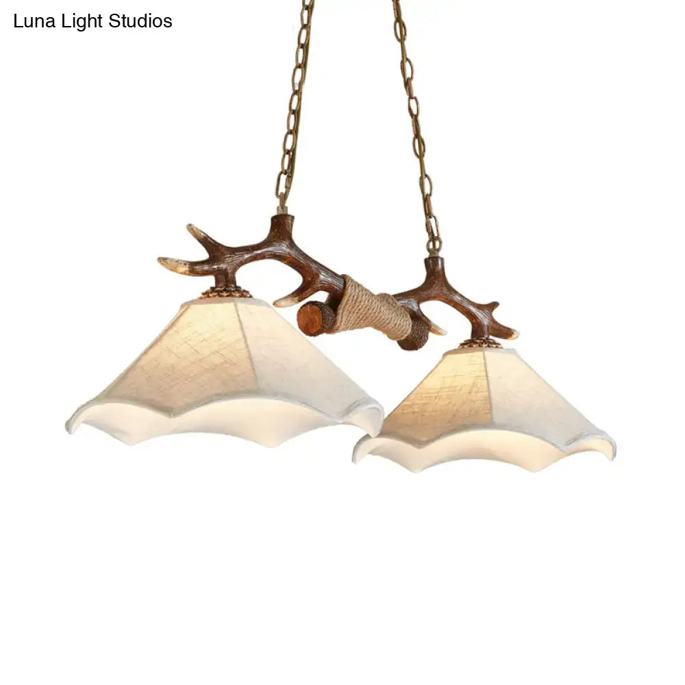 Decorbites traditional bell ceiling light with antler arm, two cream scalloped flaxen fabric shades, e12 e14 bulb base