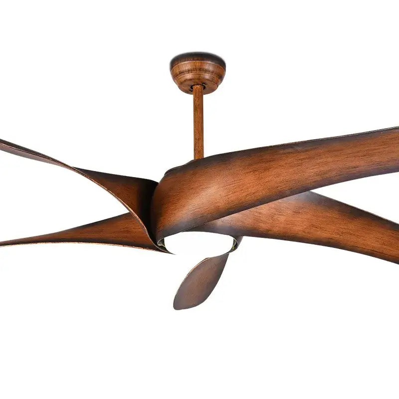A sleek modern ceiling fan with sculpted brown wooden blades and remote control for living room use