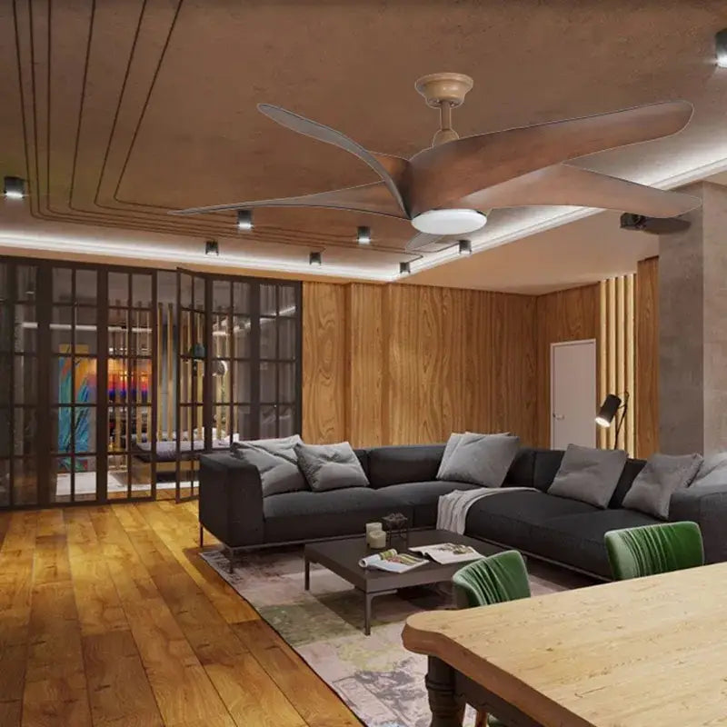 Modern ceiling fan with sleek brown wooden blades and central light fixture includes remote control for living room use