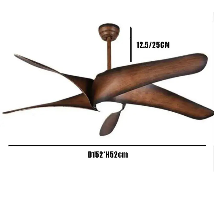 Modern ceiling fan with five sleek brown wooden blades and remote control for living room lighting and comfort