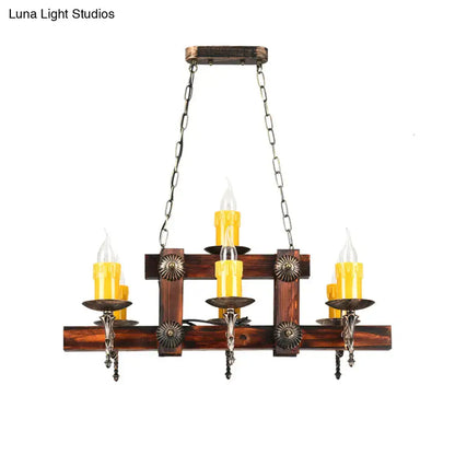 Rustic brown candle island lighting fixture with dark wood finish and ornate metal accents featuring five bulbs
