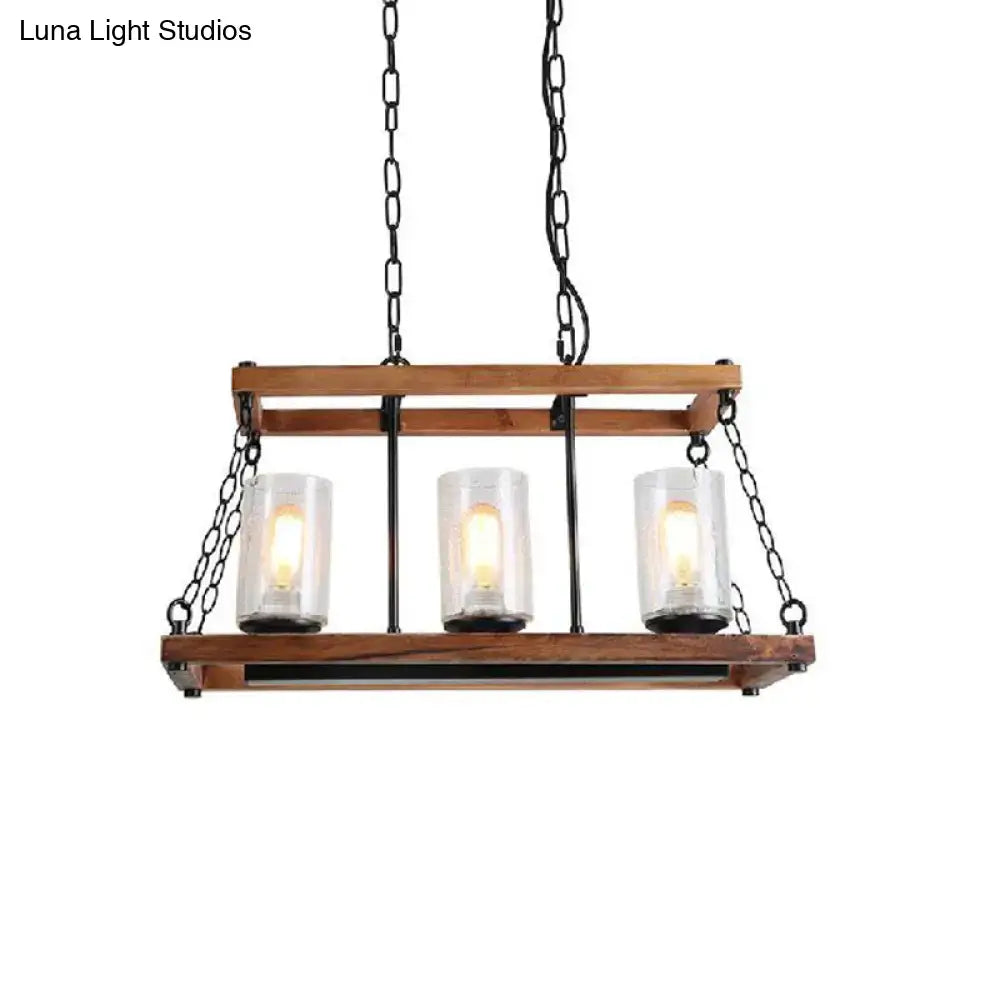 DecorBites rustic brown seeded glass island light with wooden trapezoid guard and three candle-style bulbs for living room
